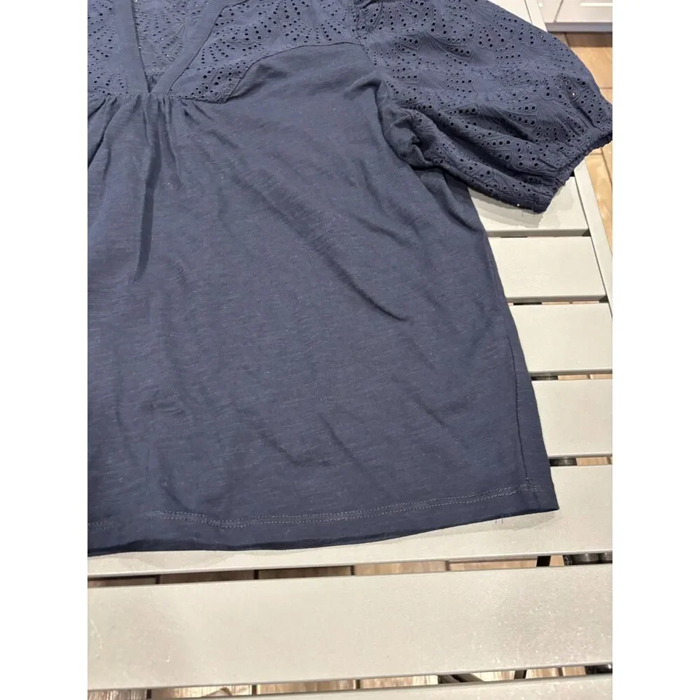 Boden Blouse Womens Size 14 Navy Blue Puff Sleeve Eyelet